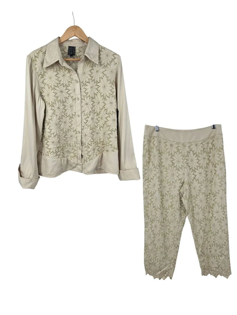 Silk Due Per Due Embroidered Eyelet Button-Front Blouse and Cropped Pants Set